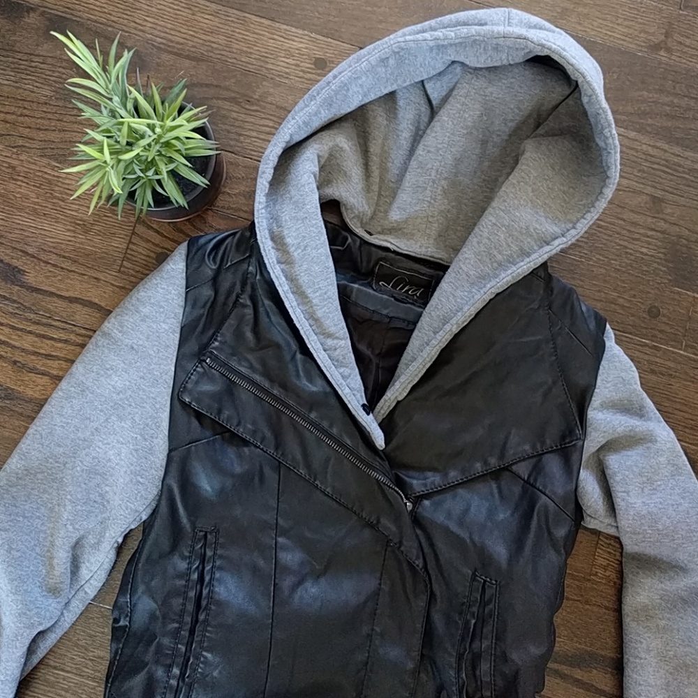 Hoodie/faux leather jacket combo